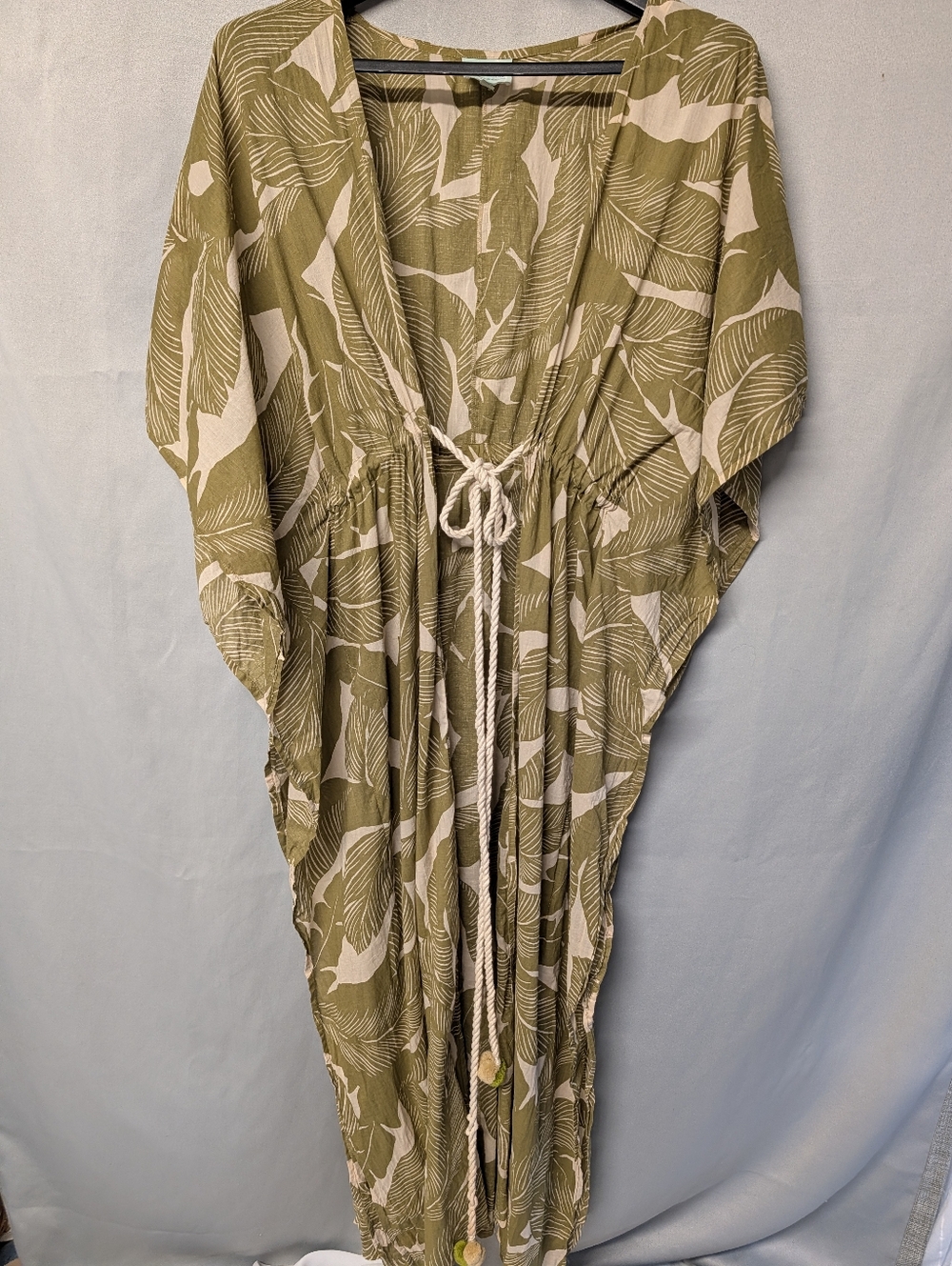 Tropical Leaf Pattern Kimono Beach Cover Up Adjustable Rope Tie Waist